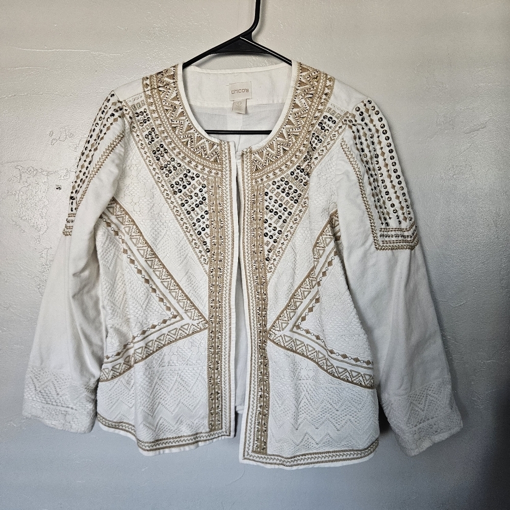 Chico's Women's 0 Small 4 Cream Tan Embroidered Sequin Open Jacket Boho Business
